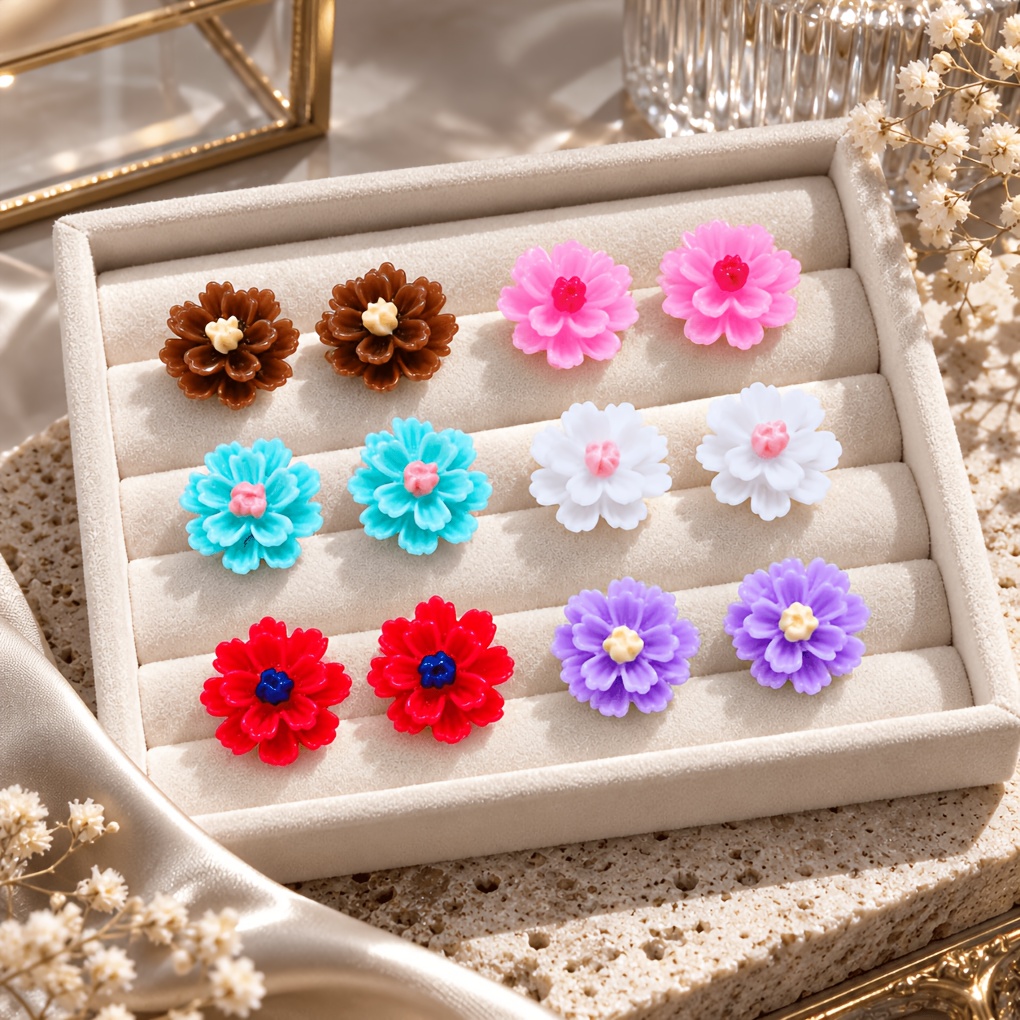 Multicolor Flower Stud Earrings Set, 6-Pairs